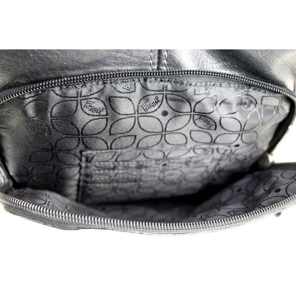 FOSSIL BLACK GENUINE LEATHER KEY CHAIN X-BODY MESSENGER SHOULDER BAG HANDBAG - Picture 11 of 16